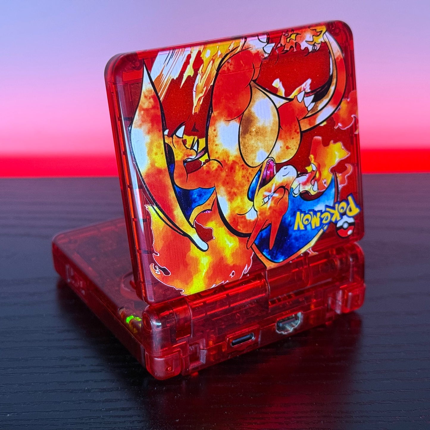 Clear Red Custom Poké Charizard Game Boy Advance GBA SP IPS Console w/Gift Box