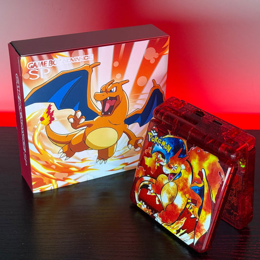 Clear Red Custom Poké Charizard Game Boy Advance GBA SP IPS Console w/Gift Box